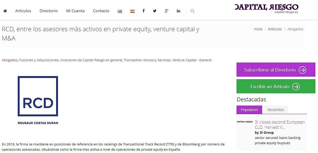 RCD, entre los asesores ms activos en private equity, venture capital y M&A